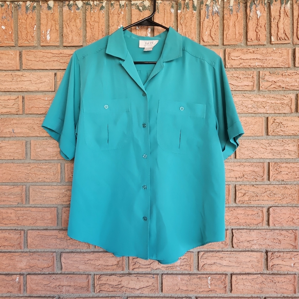 TJW By Mervyn's Teal Boxy Button Down Shirt with Notched Collar Size 12
